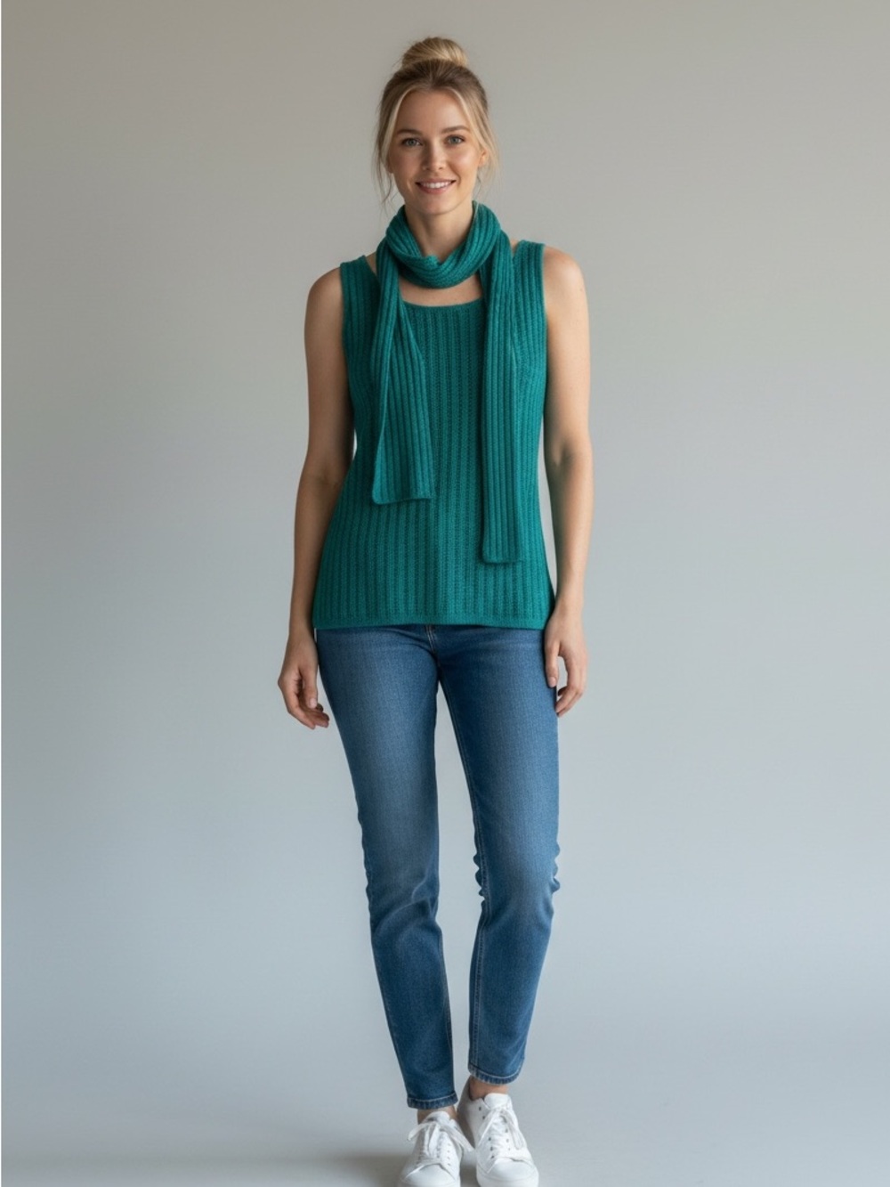 Dana Buchman 100% Cashmere Teal Ribbed Knit Top Attached Scarf Pet. Large NWT